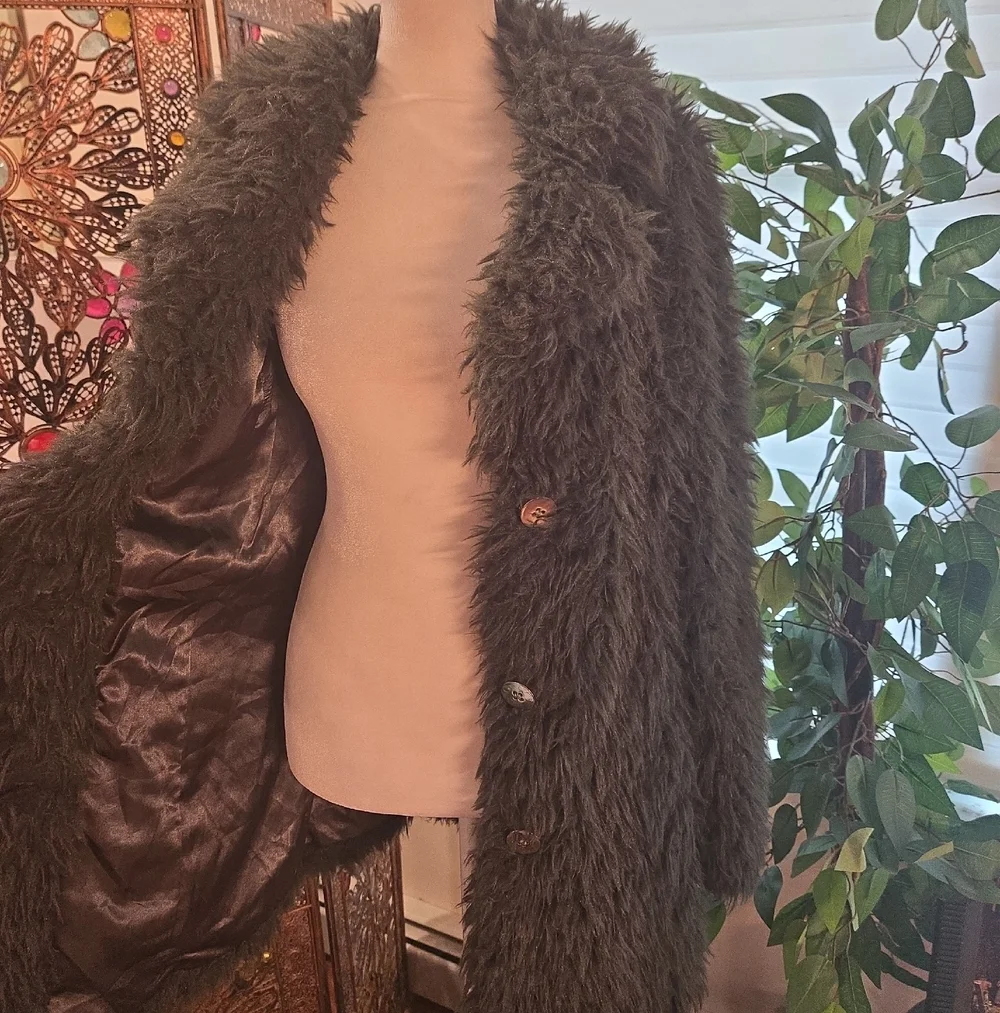 Guess Y2K Green Faux Fur Boho Glam Mobwife Coat Womens Small